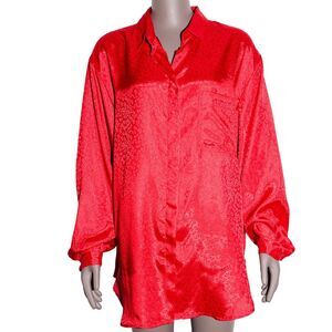 Vintage 80s Red Paisley Mens Button-Down Dress Shirt Long Sleeve Satin